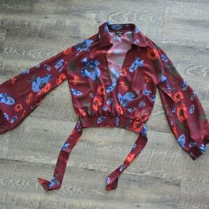 Vince Burgundy Floral Wrap Crop Blouse with Blue & Red Blooms